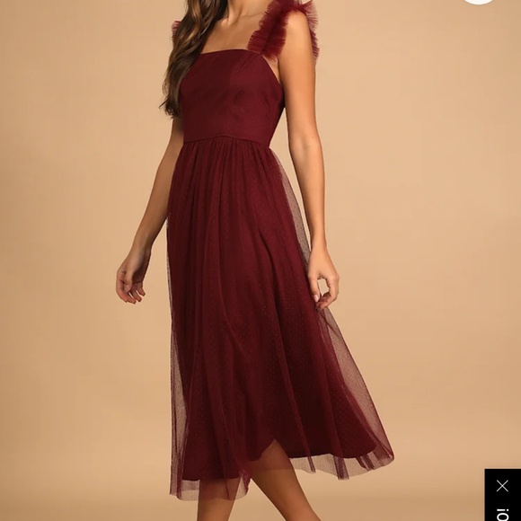 Lulus Divine Invitation Burgundy Tulle Swiss Dot Ruffled Midi Dress Red - Size S - Picture 3 of 3